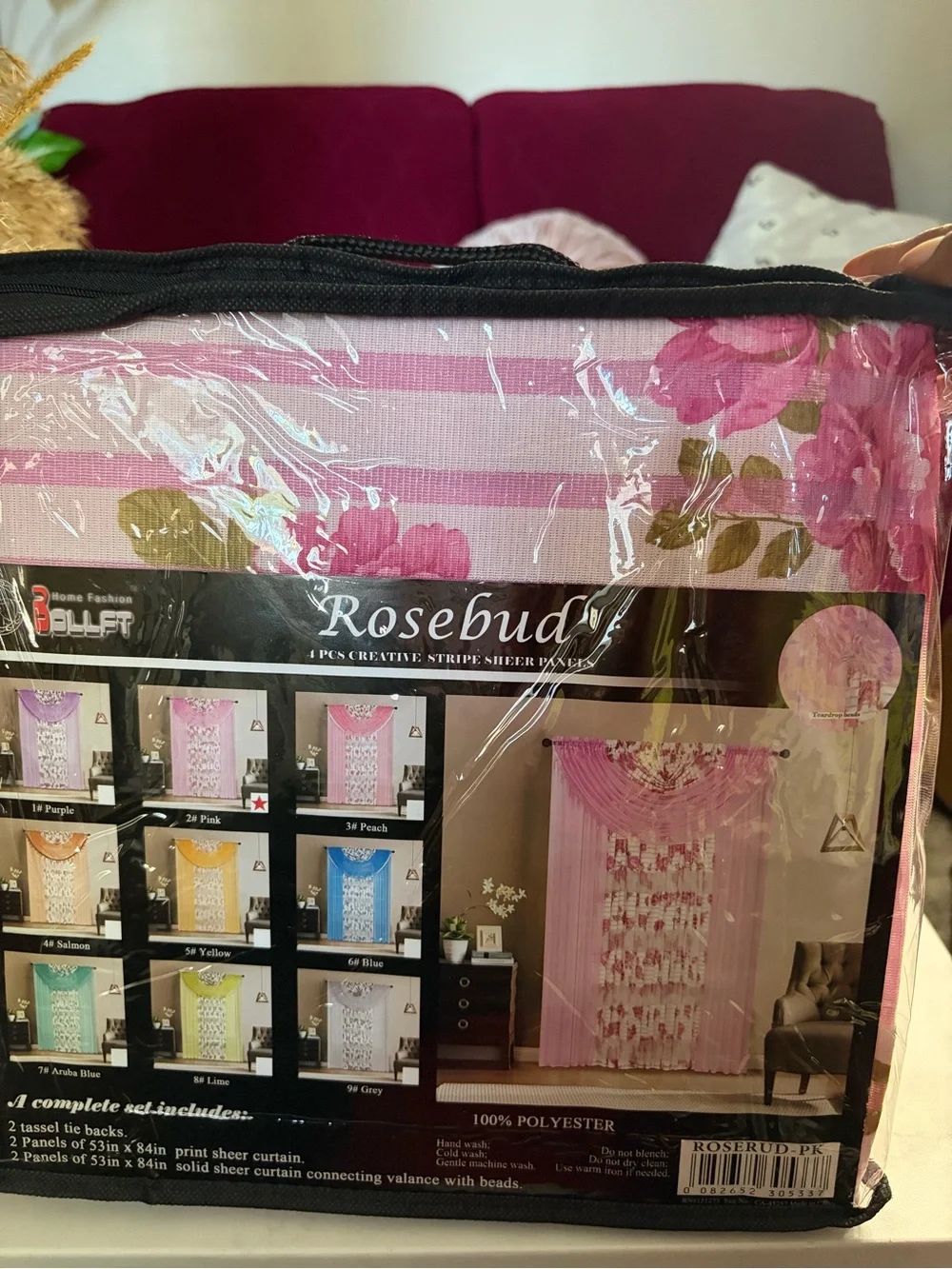 Pink Floral Layered Drapery Set with Sheer Scarf Valance